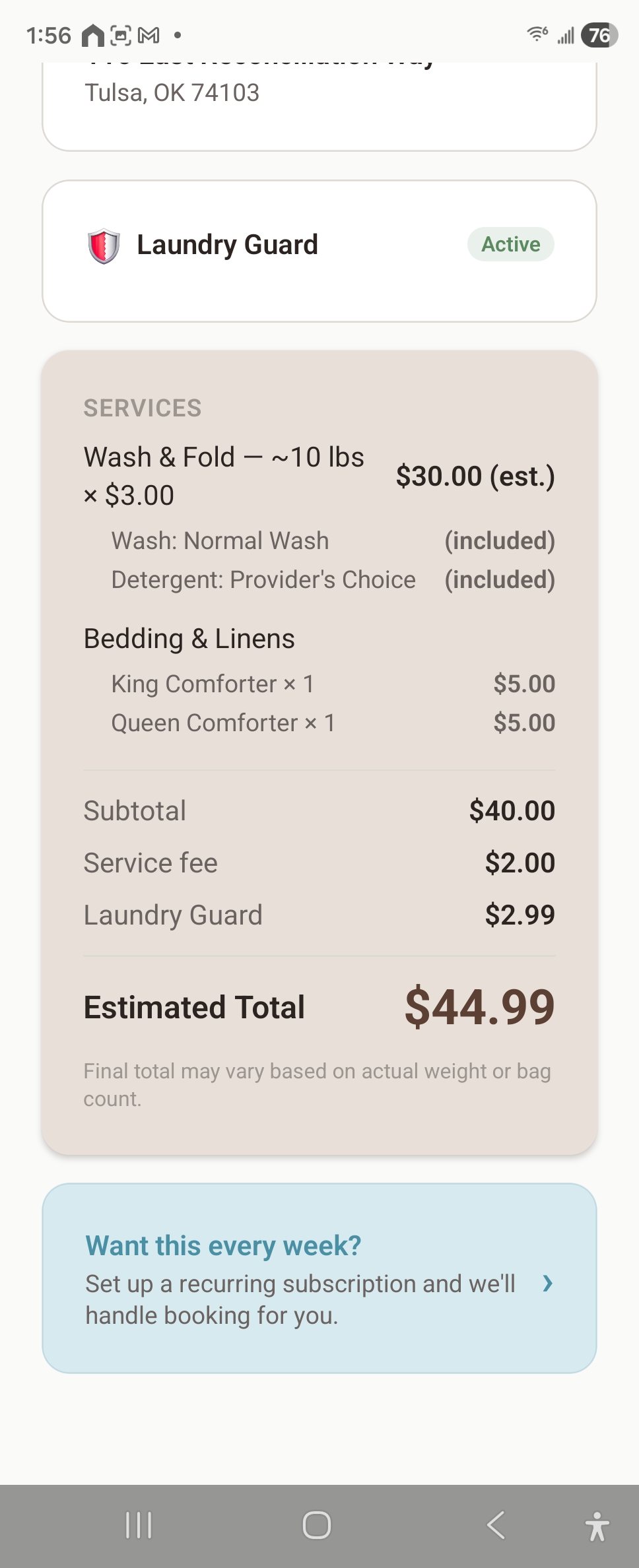 Payment and cost breakdown screenshot
